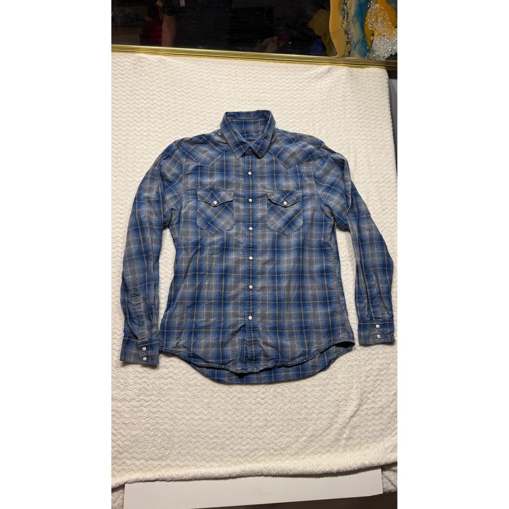 American Eagle Outfitters Mens Blue Plaid Western Snap Shirt Vintage Fit Medium